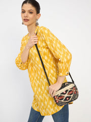 RIMROCK Boho Crossbody Bag, Aztec Pattern with Fringe Trim, Black and Beige, Mirror Embellishments