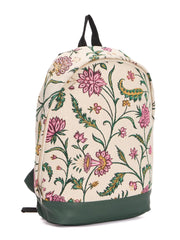 PRIMROSE Floral Canvas Backpack with Pink Flowers and Green Leaves, Cream Base, Black Straps