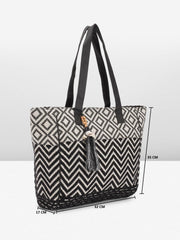 PRIMROSE Chevron Pattern Tote Bag with Tassel Accent Black