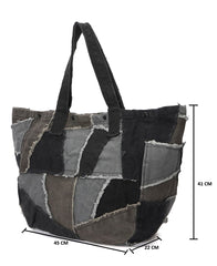 RIMROCK Patchwork Corduroy Tote Bag, Large Casual Shoulder Bag, Black and Grey