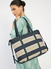 RIMROCK Striped Canvas Tote Bag, Navy Blue and Cream, Large Shoulder Bag