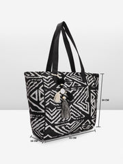 PRIMROSE Black and White Geometric Patterned Tote Bag with Tassels