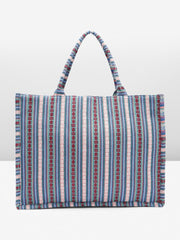 PRIMROSE Handcrafted Striped Canvas Tote Bag Blue Red and White