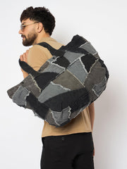 RIMROCK Patchwork Corduroy Tote Bag, Large Casual Shoulder Bag, Black and Grey