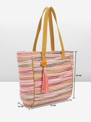 PRIMROSE Multicolour Striped Canvas Tote Bag with Tassel