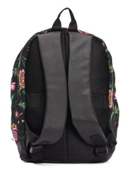 PRIMROSE Floral Print Backpack with Pink Stripes, Black Canvas, Decorative Pattern