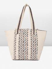 PRIMROSE Bohemian Canvas Tote Bag, Geometric Pattern, Fringe Tassel Detail, Cream and Blue