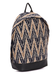RIMROCK Chevron Pattern Canvas Backpack, Black and Beige Zigzag Design, Leather Bottom Trim