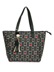 RIMROCK Geometric Print Tote Bag with Tassel, Black and White Pattern, Red Accents, Large Shoulder Straps