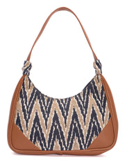 RIMROCK Chevron Pattern Hobo Handbag, Brown Pu Trim, Navy and Beige Canvas
