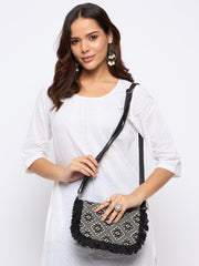 PRIMROSE Geometric Pattern Shoulder Bag with Fringe Detailing, Black and White