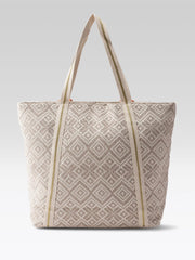 PRIMROSE Woven Beach Tote Bag with Tropical Leaf Embroidery, Peach Pom Pom Trim, Cream and Pink