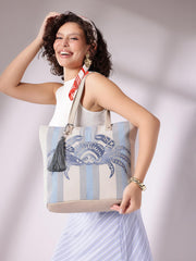 PRIMROSE Embroidered Crab Beach Tote Bag, Blue and White Striped Canvas, Tassel Detail