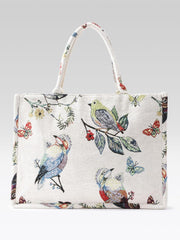 PRIMROSE Decorative Canvas Tote Bag with Birds and Butterflies Print, White Background