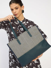 PRIMROSE Striped Canvas Tote Bag with Navy Leather Trim, Large Shoulder Straps, Black and White
