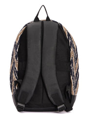 RIMROCK Chevron Pattern Canvas Backpack, Black and Beige Zigzag Design, Leather Bottom Trim