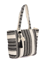 RIMROCK Boho Canvas Tote Bag with Tassel, Black and White Geometric Pattern, Large Shoulder Bag