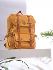 Vintage Canvas Backpack, Large Capacity Rucksack with Leather Straps, Tan Brown For Men's