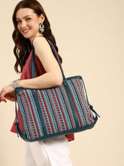 PRIMROSE Boho Tribal Print Tote Bag, Navy Blue with Red and Turquoise Pattern, Double Shoulder Straps