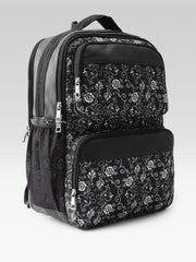PRIMROSE Floral Pattern Backpack with Multiple Compartments, Black and White Design
