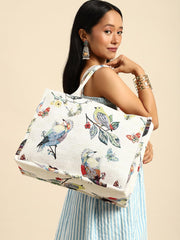 PRIMROSE Decorative Canvas Tote Bag with Birds and Butterflies Print, White Background