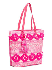 RIMROCK Bohemian Beach Tote Bag, Pink and White Geometric Pattern, Tassel Accent, Large Canvas Shoulder Bag