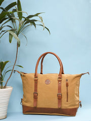 Canvas Leather Weekender Bag, Vintage Travel Duffle with Shoulder Strap, Tan