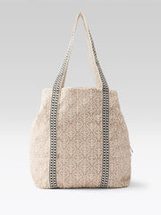 PRIMROSE Floral Embroidered Canvas Tote Bag, Beige with Lace Trim, Multi-Colour Botanical Pattern