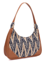 RIMROCK Chevron Pattern Hobo Handbag, Brown Pu Trim, Navy and Beige Canvas