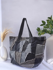 RIMROCK Patchwork Corduroy Tote Bag, Large Casual Shoulder Bag, Black and Grey