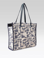 PRIMROSE Woven Tote Bag, Blue and Beige Floral Pattern