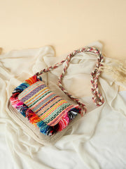 RIMROCK Bohemian Crossbody Bag, Multicolour Fringe Trim, Braided Strap, Woven Pattern