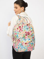RIMROCK Floral Print Backpack, Multi-Pocket Design, Pink Blue Yellow Pattern, White Base