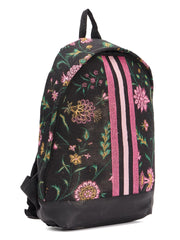RIMROCK Floral Print Backpack with Pink Stripes, Black Canvas, Decorative Pattern