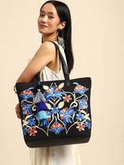 PRIMROSE Embroidered Floral Tote Bag with Tassel, Black Canvas with Blue and Coral Design, Large Shoulder Bag
