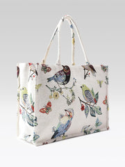 PRIMROSE Decorative Canvas Tote Bag with Birds and Butterflies Print, White Background
