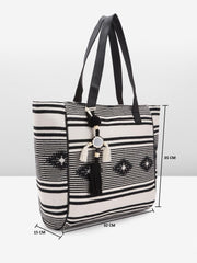 PRIMROSE Striped Canvas Tote Bag with Tassels Black and White