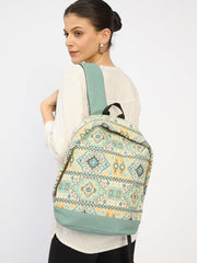 PRIMROSE Bohemian Canvas Backpack, Aztec Pattern Design, Blue and Beige with Grey Base