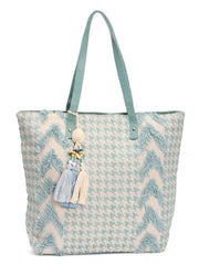 RIMROCK Decorative Canvas Tote Bag with Houndstooth Pattern, Mint Blue and Cream, Tassel Charm