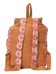 Vintage Canvas Backpack, Floral Pattern with Brown Pu Trim, Double Front Pockets, Pink and Beige