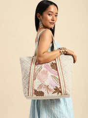 PRIMROSE Woven Beach Tote Bag with Tropical Leaf Embroidery, Peach Pom Pom Trim, Cream and Pink