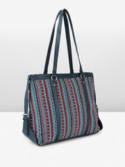PRIMROSE Boho Tribal Print Tote Bag, Navy Blue with Red and Turquoise Pattern, Double Shoulder Straps