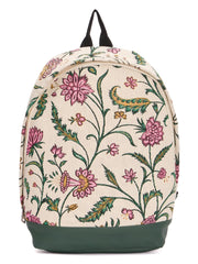 RIMROCK Floral Canvas Backpack with Pink Flowers and Green Leaves, Cream Base, Black Straps