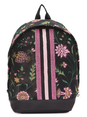 RIMROCK Floral Print Backpack with Pink Stripes, Black Canvas, Decorative Pattern