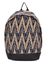 RIMROCK Chevron Pattern Canvas Backpack, Black and Beige Zigzag Design, Leather Bottom Trim