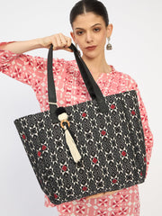 RIMROCK Geometric Print Tote Bag with Tassel, Black and White Pattern, Red Accents, Large Shoulder Straps