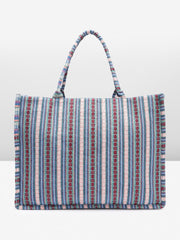 PRIMROSE Handcrafted Striped Canvas Tote Bag Blue Red and White