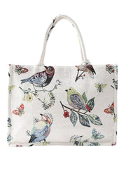 PRIMROSE Decorative Canvas Tote Bag with Birds and Butterflies Print, White Background