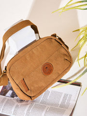 Rimrock Canvas Utility Messenger Bag with Leather Trim, Mountain Logo Patch, Khaki Brown