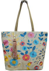 PRIMROSE Embroidered Floral Tote Bag, Beige Jute with Colorful Flowers, Tassel Detail